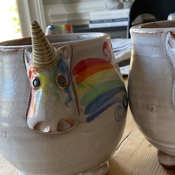 Mudworks Elwood the Rainbow Unicorn Mugs (2) Hand Thrown Pottery Footed USA Made - Picture 10 of 12